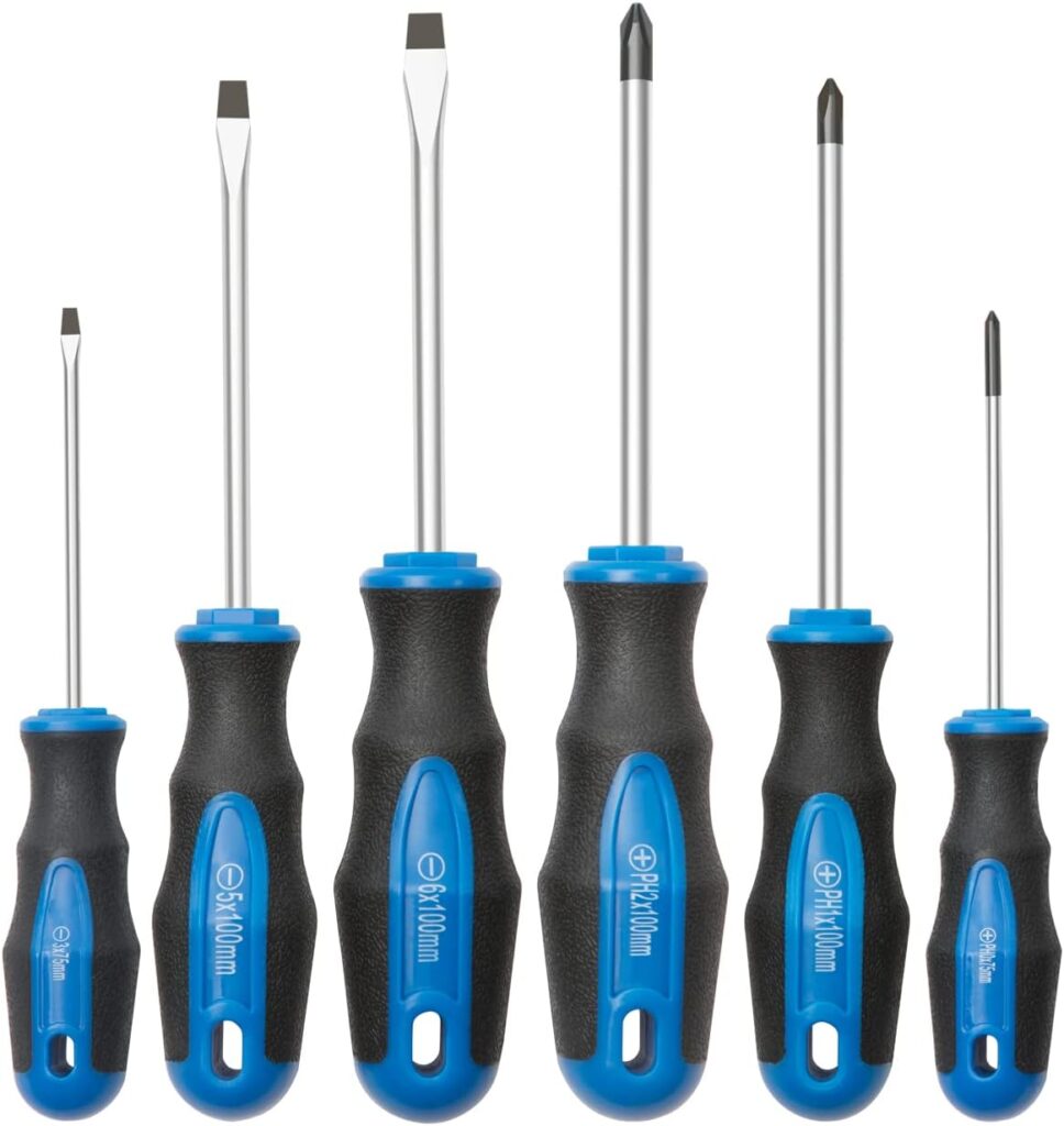 A screwdriver set with blue handles for carpentry