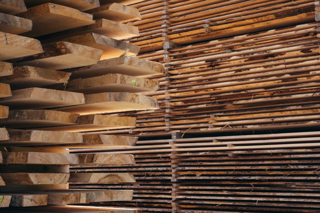 Timber boards sawn and stacked